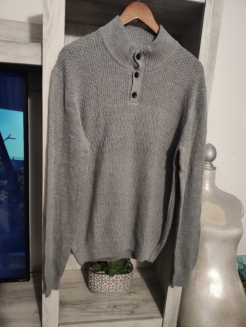 Perry Ellis Gray Ribbed Button-Front Turtleneck Sweater SZ M Sample Piece